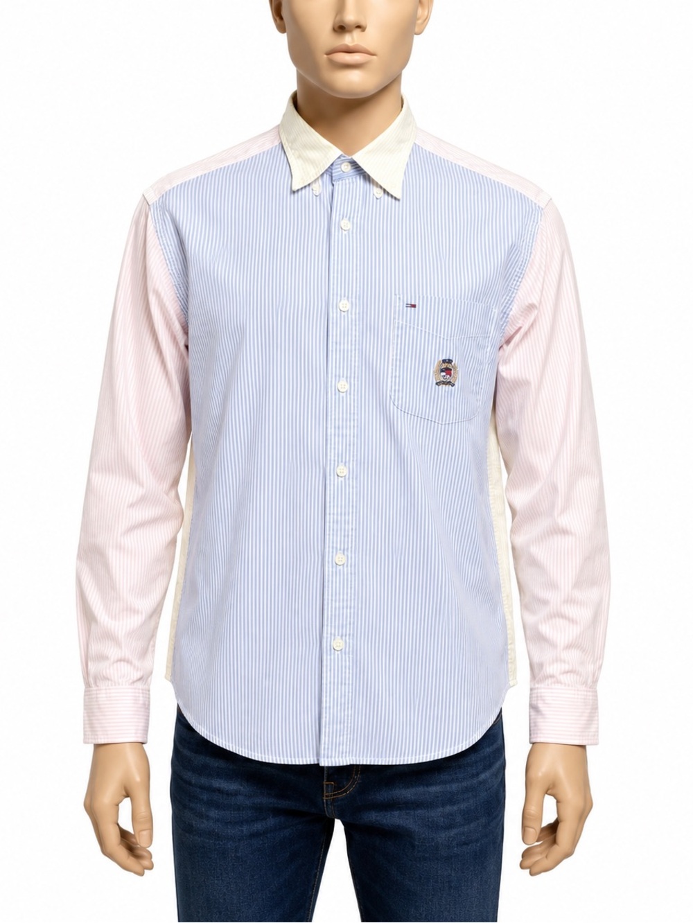 Tommy Hilfiger Mens M Colorblock Stripe Shirt Blue Pink Cream 100% Cotton